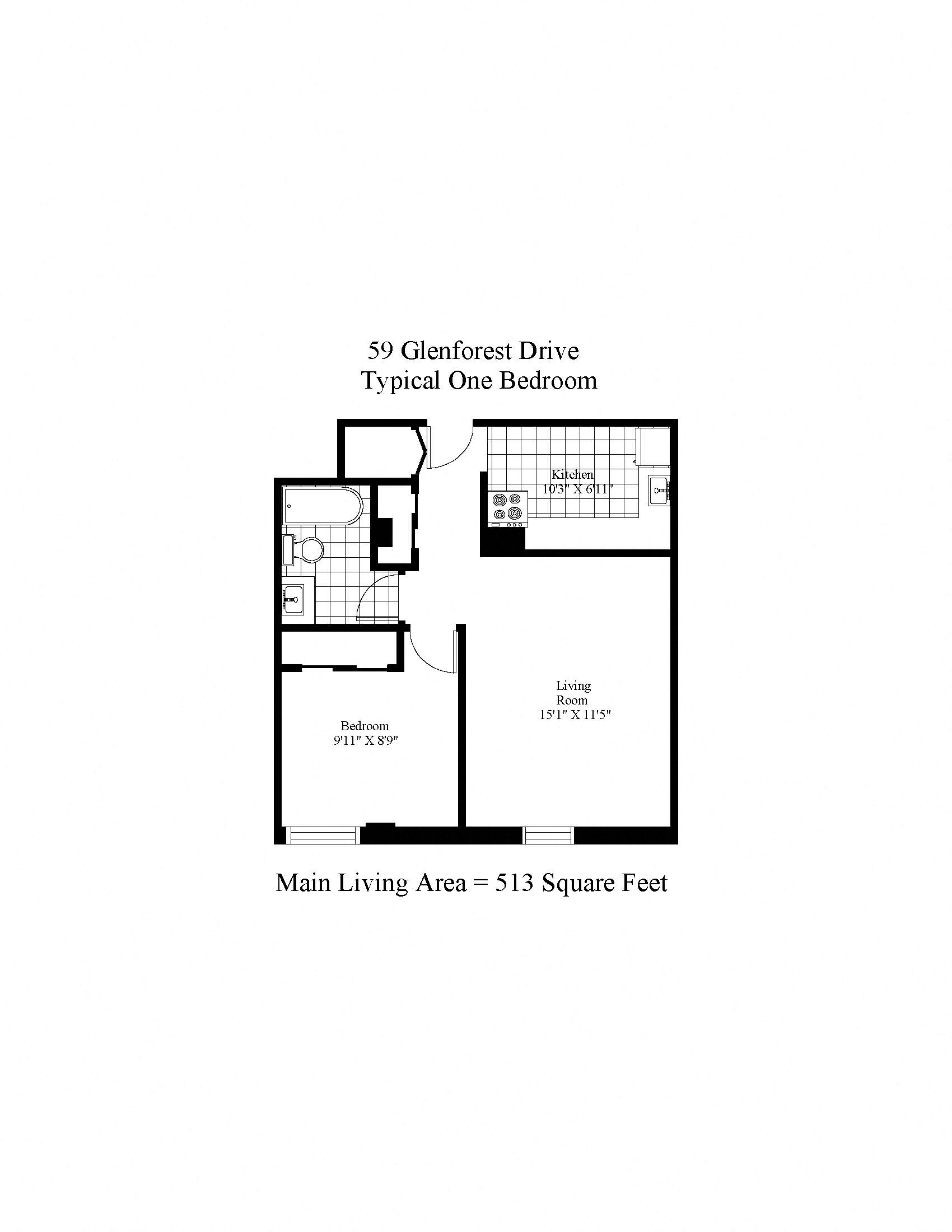Floor plan for 1 bed, 1 bath, 546 sqft